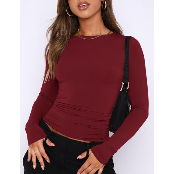 Long Sleeve Crop Top Women Cotton Spandex Slim Fit Fall Outfit - Picture 2 of 5